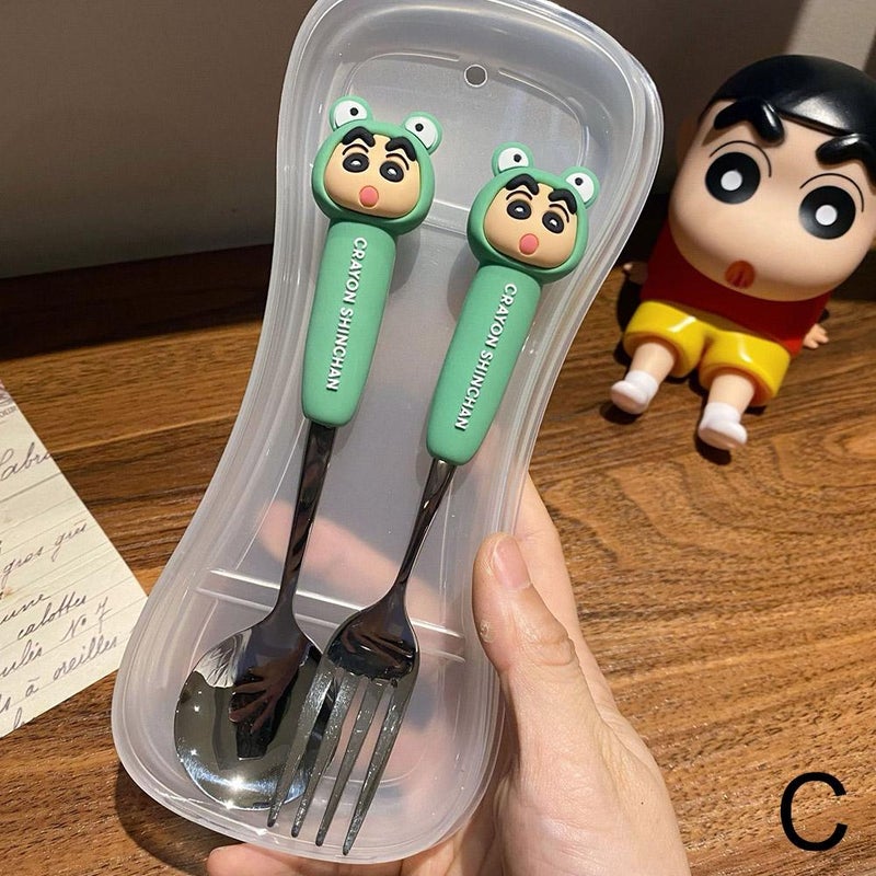 Crayon Shin-chan Cartoon Spoon, Stainless Steel, Student-Specific Eating Fork and Spoon Integrated, High-End Portable Tableware